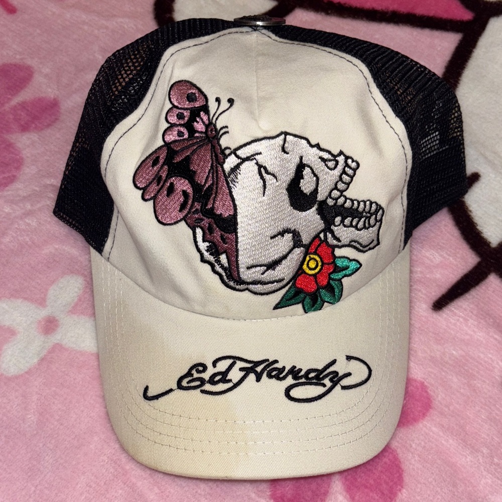 Ed Hardy Cream Cap with Skull and Butterfly Embroidery